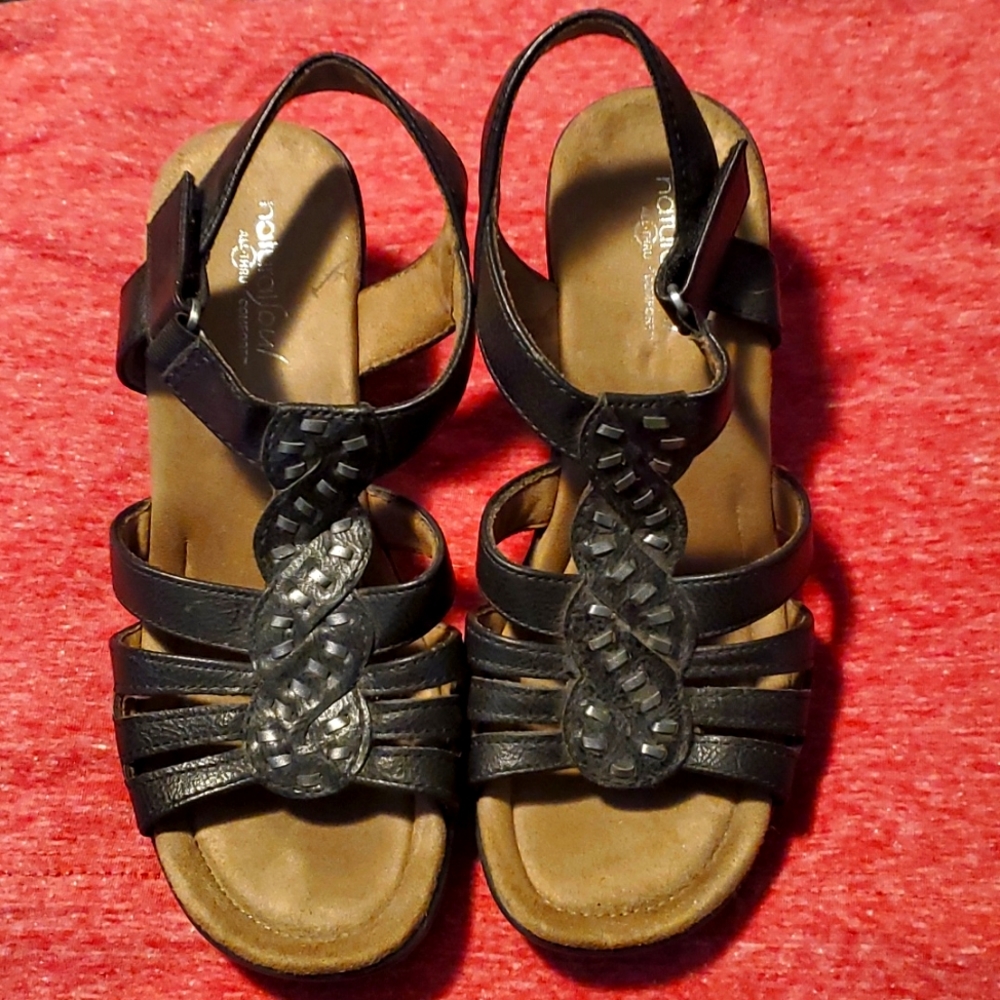Wedge Sandals, black leather, 8 1/2